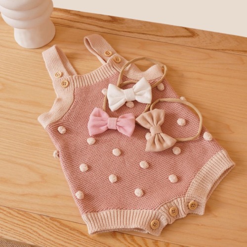 Baby Girl Cotton Knit Bobble Romper and Hand Tied Bow Set 0-6 Months