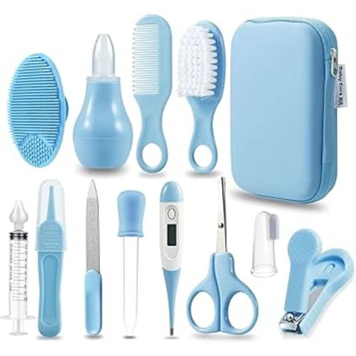 PandaEar Baby Healthcare & Grooming Kit - Baby Safety Set Comb, Brush, Finger Toothbrush, Nail Clippers, Scissors, Nasal Aspirator - Nursery Care Kit (Blue)