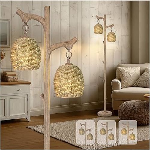 Scenekoy Vintage 68” Tall Floor Lamp with Straw Rope Woven Shade, Retro Resin Standing Lamp Tree Trunk Finish, Dimmable Corner Lamp Stand Up Light with Bulb Prefer for Living Room Bedroom Home Decor