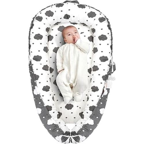 NICEMHAPU Baby Lounger for Newborn, Infant Lounger for 0-24 Months, Co Sleeper for Girls Boys, 100% Cotton Soft Adjustable Baby Floor Seat for Travel, Portable Baby Nest Lounger(Cloud)