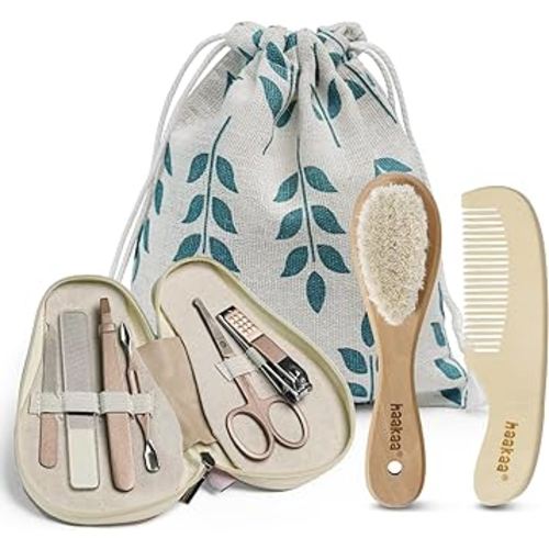 haakaa Baby Hair Brush and Comb Set & Pear-FECT Manicure Kit for Newborns & Toddlers, Natural Soft Goat Bristles and Wooden Handle, Baby Healthcare and Grooming Kit, Baby Nail Clippers, Pearl White