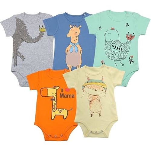 FLORNO Baby Bodysuits 5-Pack - 100% Pure Cotton Short Sleeve Rompers for Newborns and Infants, Unisex Baby Clothes