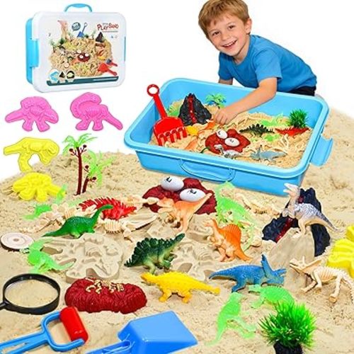 Dinosaur Sensory Bin with Lid, 2.64lbs Magic Sand, Dino Figures, Skeletons & Archaeology Tools, Sensory Sand Kit Dinosaur Toys for Kids 3 4 5 6 7+ Year Old Boy Toddler Birthday Gift Christmas