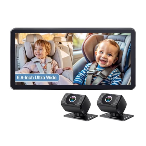 2-Kids Baby Car Camera for Seat: 6.9 Inch Ultrawide Display with Two Cameras Rear Facing - USB Powered Backseat Camera HD 1080P Easy to Install