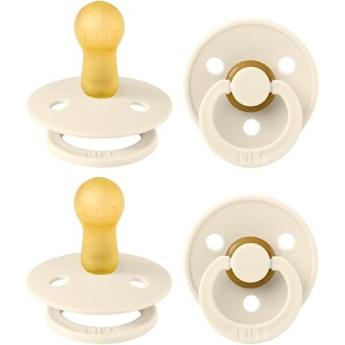 BIBS Colour Pacifier 4-Pack, BPA Free Dummy Pacifier, Round Nipple. Natural Rubber Latex, Made in Denmark, Size 2 (6-18 Months), Ivory