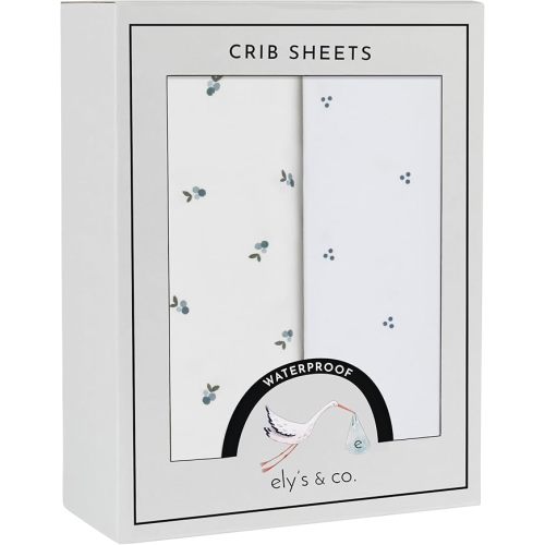 Ely's & Co. Patent Pending Waterproof Crib Sheets, 100% Cotton with Waterproof Lining - Built in Mattress Protector, 2 Pack Fitted Crib Sheet Set, Berry and Cluster Dot (Blue) 28” x 52”