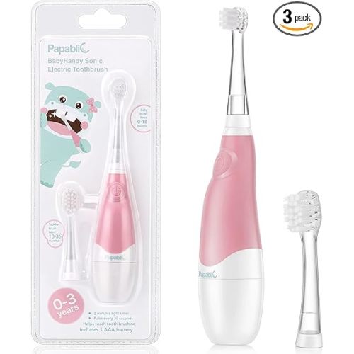 Papablic BabyHandy 2-Stage Sonic Electric Toothbrush for Babies and Toddlers Ages 0-3 Years, Pink