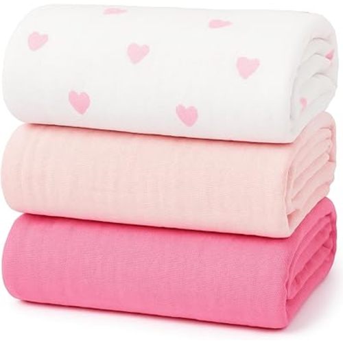 Muslin Swaddle Blankets for Boys Girls, 3 Pack Receiving Baby Blanket Large 47 x 47 inches, Soft Breathable Swaddling Wrap for Unisex Newborn (Gentle Pink, Pink, Love)