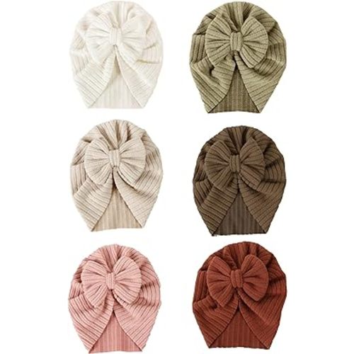 ZURLEFY 6 PCS Stretchy Baby Turban Hats, Baby Hat with Bows for Girls, Baby Boys Caps, Toddler, Newborn, Infant Hat Unisex