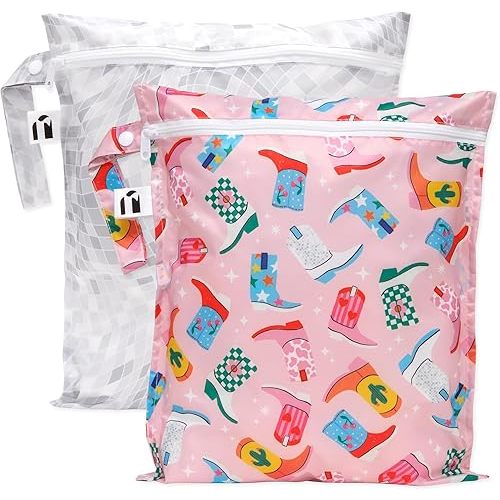 Bumkins Roamio - Waterproof Wet Bag - For Baby, Travel, Swim Suit, Cloth Diapers, Pump Parts, Pool, Gym, Toiletry, Strap to Stroller - Reusable & Easy to Clean - 2pk - Cowgirl Boots & Disco