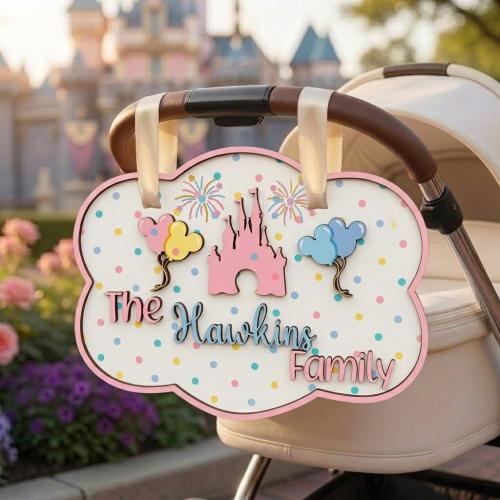 Magical Kingdom Family Stroller Tag, Disney Inspired Castle And Balloon Name Sign, Custom Vacation Identifier