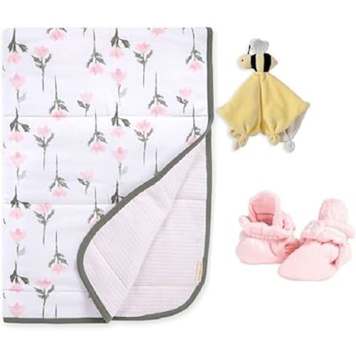 Burt's Bees Baby Unisex Baby Gift Set - Reversible Jersey Blanket, Adjustable Infant Booties & Plush Toy, 100% Organic Cotton Essentials Bundle