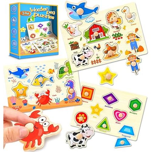 Wooden Peg Puzzles for Toddlers,Montessori Toddler Puzzles for Child,Fine Motor Skill Learning Puzzles Toys for Baby Boys Girls Gifts-3 Pcs Shape,Farm,Sea Animal