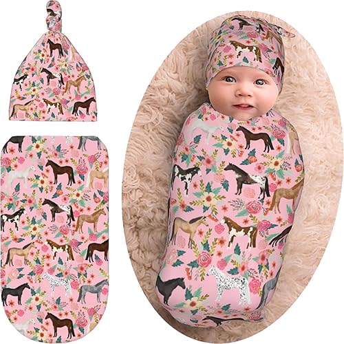 Horse Baby Stuff Gift for Girls Horse Baby Swaddle Blanket Beanie Set, Soft and Stretchy Pink Baby Blanket Newborn Swaddle Sack for Baby Shower
