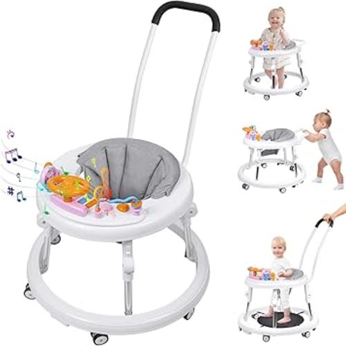 Baby Walker, Foldable 9-Gear Height Adjustable Baby Walker with Wheels, Infant Toddler Walker with Music Disk, Anti-Fall Baby Walkers and Activity Center with Foot Pads for Boys and Girls 6-24 Months