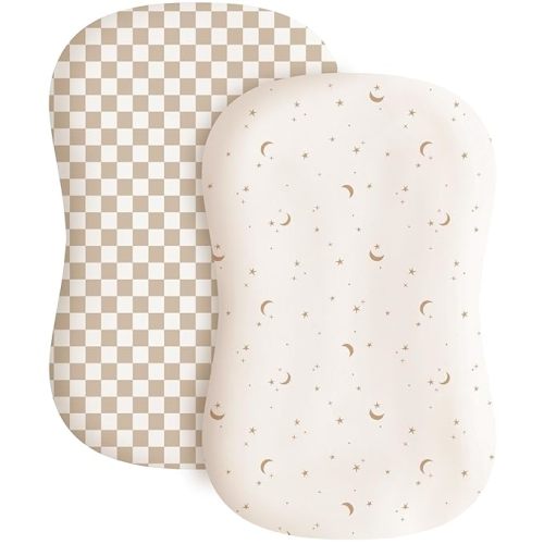 Konssy 2 Pack Baby Lounger Cover, Stretchy and Soft Newborn Lounger Cover, Infant Lounger Slipcover for Boys Girls, Covers Only (Coffee Check,Moon)