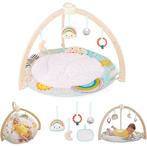B. Baby – Wooden Baby Gym – Soft Play Mat – Hanging Sensory Toys – Developmental Activities – Newborn – Sunrise to Sunset Play Gym