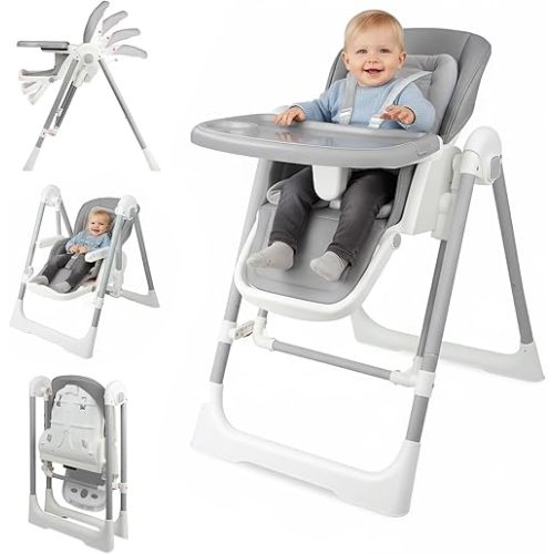 High Chairs for Babies and Toddlers Convert to Baby Rocker Foldable High Chair Adjustable Convertible with Reclining Seat & Leg Rest, 3-in-1 with Tool-Free Assembly (Grey)