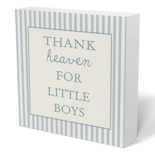 Boys Nursery Wooden Sign Decor,Thank Heaven for Little Boys Decorations Wood Block Signs,Blue It's A Boy Sign,Newborn Gifts ,Baby Shower Decorations Gift for Toddler Little Boy Room Playroom Desk Shelf 5x5