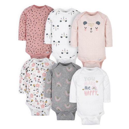 Gerber Baby Girl Long Sleeve Onesies Bodysuits, 6-Pack