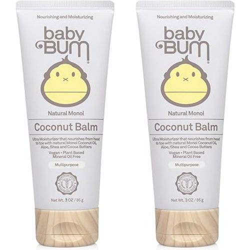 Baby Bum Natural Monoi Coconut Balm- 100% Natural Coconut Oil - Sensitive Skin Safe - Travel Size - 3 ounce (Pack of 2) (Travel Tube)