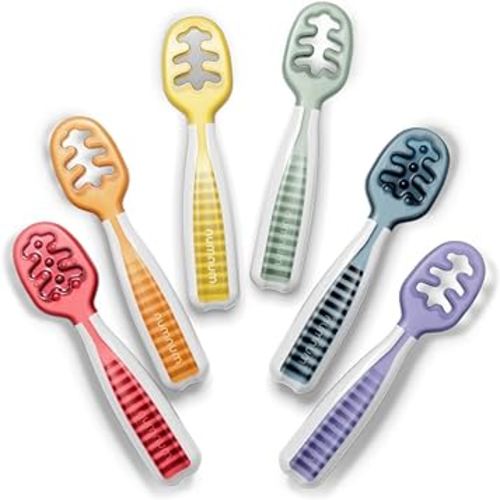 NumNum Baby Spoons Set, Pre-Spoon GOOtensils for Kids Aged 6+ Months - First Stage, Baby Led Weaning (BLW) Teething Spoon - Self Feeding, Silicone Toddler Food Utensils - 1-Pack, 6 Spoons, Rainbow