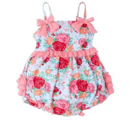 RuffleButts Baby Girls UPF50+ One Piece Bow Bubble Romper Swimsuit - Rosy Meadow, 0-3m