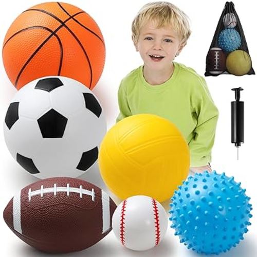 PEFOOK Balls for Toddlers 1-3,Toddler Sports Toys with Bag, 6 Pcs Inflatable Balls Includes Soccer, Basketball, Football, Baseball, Playground Ball, Volley Ball, Suitable for Baby Small Hands to Grab