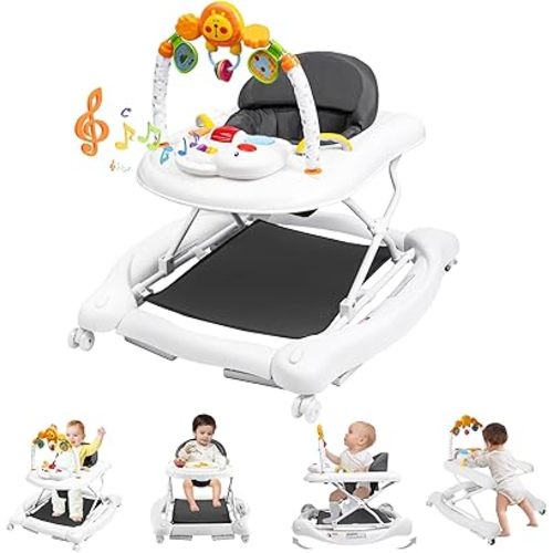 Baby Walker with Wheels, 5 in 1 Baby Walkers for Boys Girls 6-12 Months, Foldable Walker Baby with Bouncer & Feeding Tray, Music, Adjustable Heights