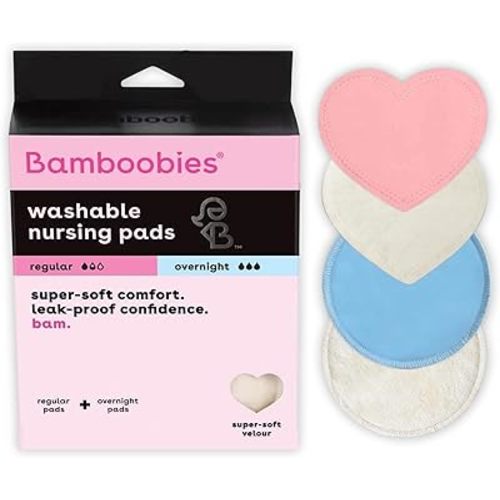 Bamboobies Nursing Pads, Ultra-Soft Velour, Reusable, Washable & Leak-Proof, 6 Ultra-Thin and 6 Overnight Pads for Breastfeeding