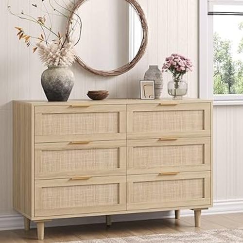Angel Sar Rattan Dresser for Bedroom, 6 Drawer Wide Dresser, Boho&Farmhouse Chest of Drawers, 43" Clothes Storage Cabinet, Metal Handle&Wood Legs for Hallway, Living Room, Bedroom, Wood