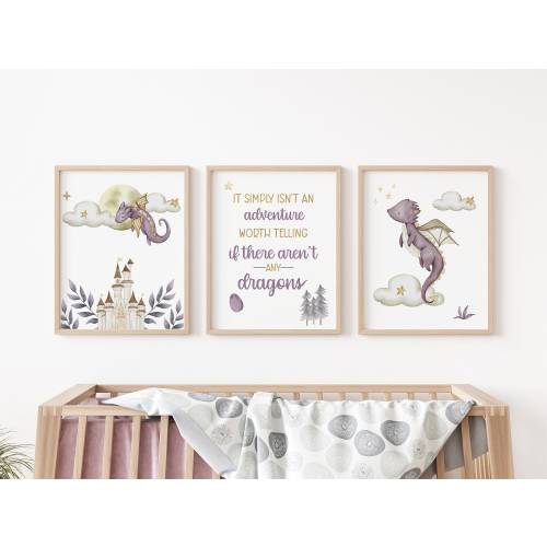 Girl Dragon Nursery Wall Art Poster, Dragon Nursery Decor, Dragon Posters, Set of 3 Mailed Posters, Dragon Fantasy Adventure Nursery G63