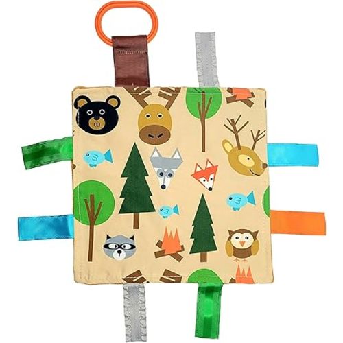 Baby Sensory Crinkle & Teething Square Lovey Toy with Closed Ribbon Tags for Increased Stimulation: 8"X8" (Forest Animals)
