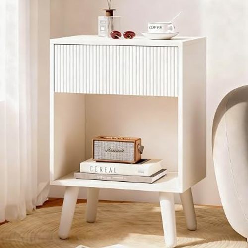 Fluted Nightstand, Modern Bedside Table with Storage Drawers and Open Wood Shelf, Night Stand with Solid Wood Legs, End Tables Side Tables for Living Room, Bedroom White