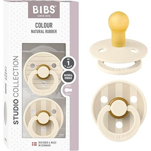 BIBS Pacifiers - Colour Studio 2 Pack | Round Nipple Baby Pacifier | BPA Free Natural Rubber Latex Soother | Made in Denmark | Size 0+ Months | Pin Ivory Vanilla