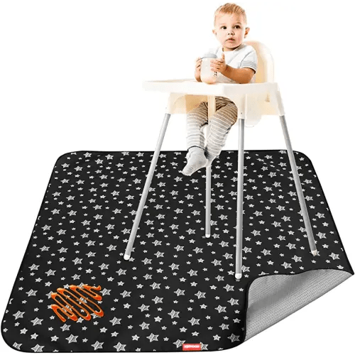 High Chair Mat Waterproof and Washable Splat Mat, Baby Splat Mat for Under High Chair, Non Slip Mat for Art/Crafts/Playtime, Protable Picnic Table Cloth Mat, 46'' x 42'', Black Star