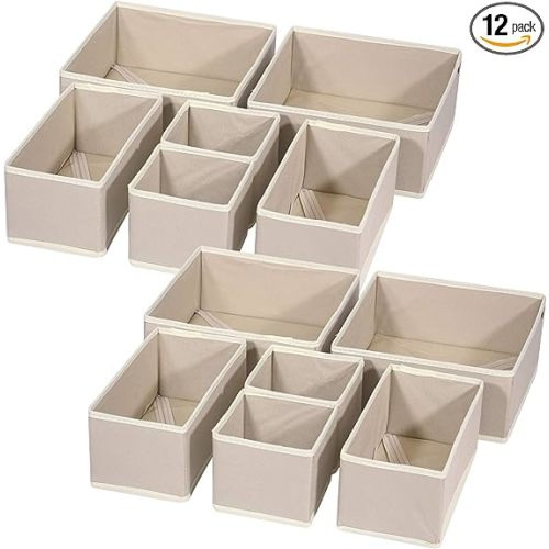 DIOMMELL 12 Pack Foldable Cloth Storage Box Closet Dresser Drawer Organizer Fabric Baskets Bins Containers Divider for Clothes Underwear Bras Socks Lingerie Clothing, Beige 444
