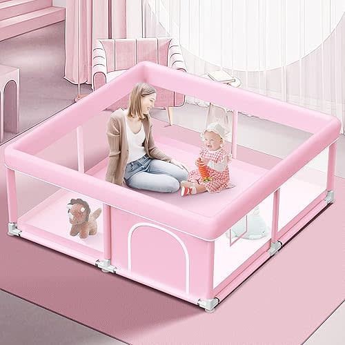 Pink Baby Playpen 50x50 Inches Playpen for Little Princess Play Yards Indoor & Outdoor Sturdy Safety Baby Girls Play Pen with Soft Breathable Mesh Toddlers Activity Center with Anti-Slip Base