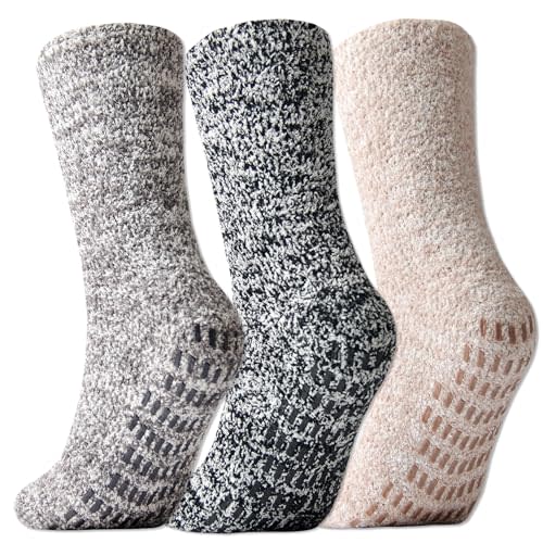 JORMATT 3 Pairs Ultra Thick Grip Fuzzy Socks Non Skid Slipper Hospital Socks Unisex