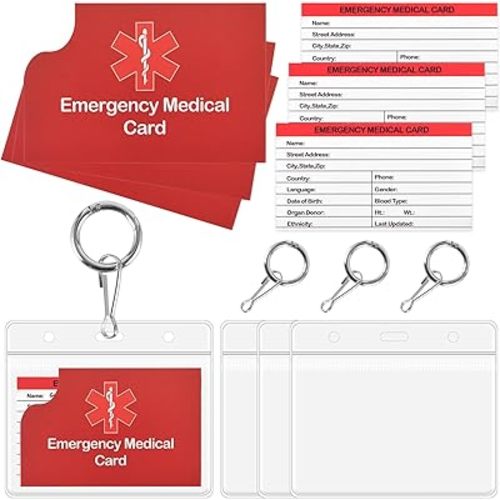 4 Pack Medical Alert Keychain Emergency Medical Information Id Card Emergency Contact Card Wallet with Resealable Badge Holder for Caretakers (Red Keychain)