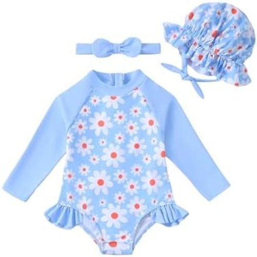 Baby Girl Swimsuit Long Sleeve One-Piece Swimwear with Hat Rash Guard Ruffle Floral Zipper Beach Infant Bathing Suit