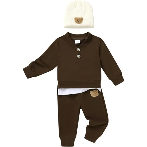 YOUNGER TREE Toddler Fall Outfits Baby Boy Sweatshirt Top Sweatpants Set Cute Sweatsuit for Boy Winter Clothes with Hat