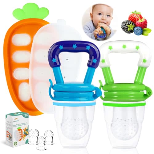 HAOBAOBEI Baby Fruit Feeder with Freezer Tray – 3-Size Silicone Teether for 3-24 Months, BPA-Free, Leakproof Self-Feeder, Dishwasher Safe, Baby Weaning & Teething Snack Tool(Blue Green)