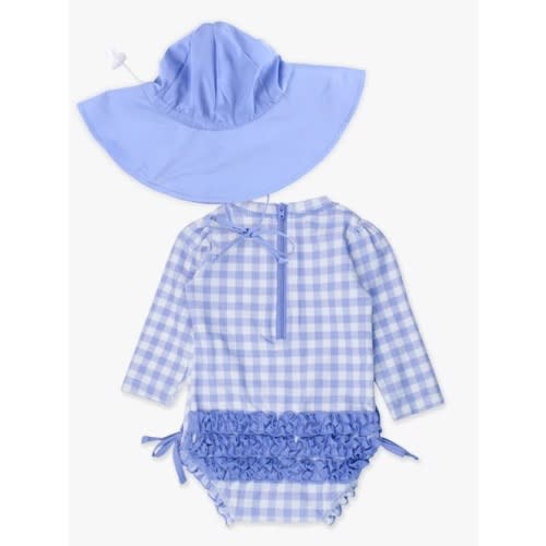 Periwinkle Blue Sun Protective Hat + Periwinkle Blue Gingham One Piece Rash Guard Set