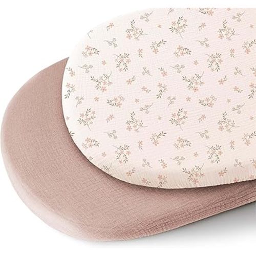 Konssy 2 Pack Muslin Bassinet Sheets for Baby Boy, 100% Cotton Soft Breathable Bassinet Mattress Sheets Fit for Hourglass Oval Cradle Rectangle Mattress (Soft Blooms,Taupe)