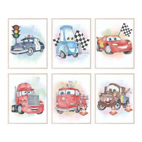 BigWig Prints Cars Poster Set - Cars Room Decor for Boys And Girls, Lightning Mcqueen Room Decor, Wall Art for Kids Bedroom, Sheriff Guido Lightning McQueen Mack Red Mater - 9 Pack (8x10”) Unframed