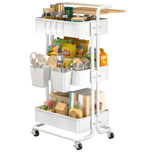 Keenstone 3 Tier Rolling Utility Cart with Cover Board, Metal Storage Cart with Handle & Wheels for Bathroom, Office, Kitchen, Living Room, White