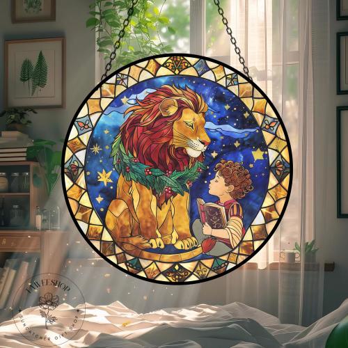 Narnia Aslan & Child Stained Glass Suncatcher,Personalized Glass Art,Elegant Window Hanging,Glass Home Decor,Garden Gift,Christmas Gifts