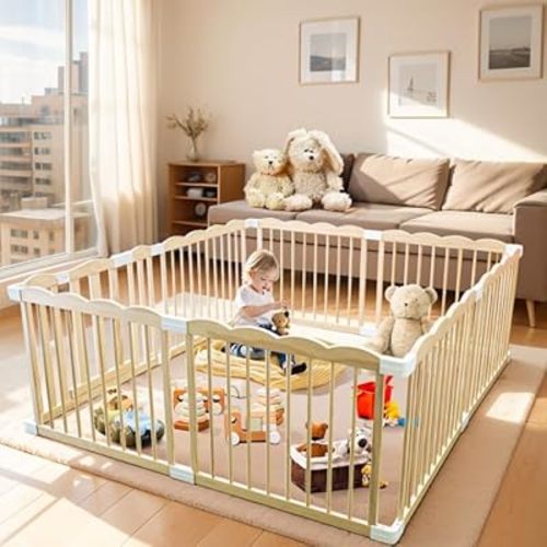 Wooden Playpen & Playpen for Babies and Toddlers,Wood playpen Large Shape & Size Adjustable, Baby playpen,Corrales para Bebes and Baby Activity Centers with Locking Gate