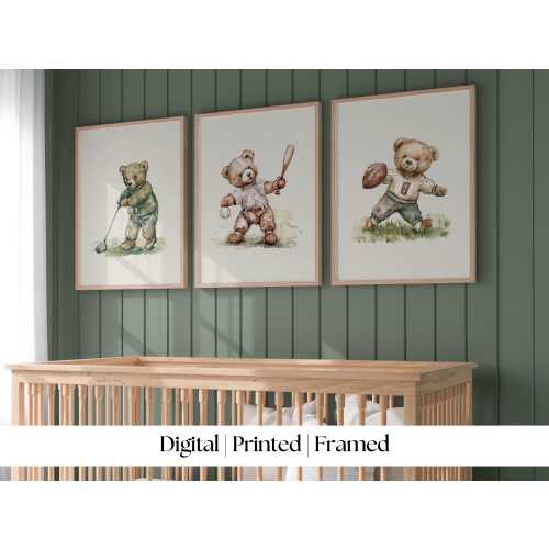 Sport nursery set of 3, Boy nursery wall art sport, Vintage boy nursery, Teddy Bear Nursery, Green,golf,baseball,football,soccer,basketball